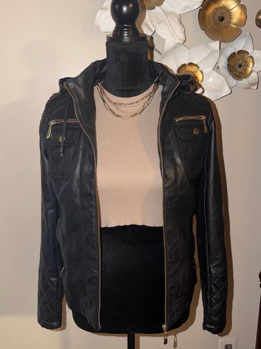 Black Hooded Faux Leather Jacket with Gold Hardware